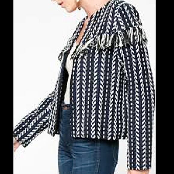 Everly Tweed Fringe Jacket Woven in Blue, Black and White, Size Medium - Picture 2 of 15
